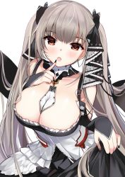 Rule 34 | 1girl, azur lane, bare shoulders, between breasts, black dress, black nails, blush, breasts, cleavage, cowboy shot, dress, earrings, finger to mouth, flight deck, formidable (azur lane), frilled dress, frills, grey hair, hair ornament, hair ribbon, jewelry, large breasts, long hair, long sleeves, looking at viewer, nail polish, open mouth, red eyes, ribbon, rigging, ry thae, simple background, skirt hold, solo, twintails, white background