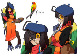 Rule 34 | 1girl, ahoge, animal feet, animal hands, apron, beret, bird, black hair, black shirt, blue headwear, blush, brown eyes, brown thighhighs, colored sclera, creature and personification, feathers, glasses, green feathers, green wings, harpy, hat, highres, holding, holding paintbrush, holding palette, long hair, monster girl, multicolored wings, multiple views, one eye closed, open mouth, orange apron, original, paint, paintbrush, palette (object), parrot, pencil, personification, photo inset, pince-nez, pocket, red scarf, reference inset, rhanfrhd 3712, round eyewear, scarf, shirt, shorts, simple background, smile, thighhighs, toeless legwear, white background, wings, yellow feathers, yellow sclera, yellow wings