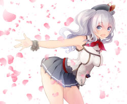 Rule 34 | 10s, 1girl, :d, adapted costume, armpits, bare shoulders, beret, black hat, blue eyes, blush, bow, breasts, cherry blossoms, eyebrows, frilled cuffs, hair between eyes, hat, hat bow, highres, kantai collection, kashima (kancolle), kerchief, large breasts, leaning forward, long hair, looking at viewer, miniskirt, open mouth, outstretched arms, petals, pleated skirt, red ribbon, ribbon, scrunchie, shirt, short twintails, silk, silver hair, skirt, sleeveless, sleeveless shirt, smile, solo, spider web, standing, tebi (tbd11), thighs, twintails, uniform, wavy hair, white shirt, wrist cuffs