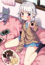 Rule 34 | 1girl, absurdres, ahoge, an (sakuragi ren), aqua necktie, bed sheet, between legs, black socks, blue necktie, blue skirt, blush, buttons, cable, cardigan, cellphone, chips (food), chocolate, closed mouth, collared shirt, cookie, curtains, dress shirt, feeding, food, grey hair, hair flaps, hand between legs, hand up, handheld game console, highres, holding, holding chocolate, holding food, incoming food, indoors, looking at viewer, low ponytail, necktie, on bed, original, phone, playstation portable, pleated skirt, pocky, ponytail, purple eyes, pursed lips, sakuragi ren, scan, school uniform, shinonome an, shirt, short hair, sitting, skirt, sleeves past wrists, smartphone, snack, socks, solo, stuffed animal, stuffed cat, stuffed toy, wariza, white shirt, window