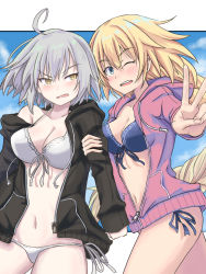 Rule 34 | 2girls, ahoge, bikini, black jacket, blonde hair, blue bikini, blue eyes, braid, breasts, collarbone, day, fate/grand order, fate (series), jacket, jeanne d&#039;arc (fate), jeanne d&#039;arc (ruler) (fate), jeanne d&#039;arc (white cruising) (fate), jeanne d&#039;arc alter (avenger) (fate), jeanne d&#039;arc alter (fate), large breasts, looking at another, looking at viewer, multiple girls, navel, one eye closed, open clothes, open jacket, open mouth, outdoors, pink jacket, silver hair, single braid, swimsuit, v, white bikini, yellow eyes, yuuka (a0240765)