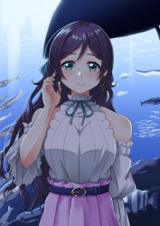 Rule 34 | 1girl, aqua eyes, aquarium, belt, breasts, closed mouth, cowboy shot, detached sleeves, earrings, frilled shirt collar, frilled sleeves, frills, hair down, hair ribbon, hand in own hair, high-waist skirt, high collar, highres, jewelry, large breasts, light blush, lipstick, long hair, looking at viewer, love live!, love live! school idol festival all stars, love live! school idol project, makeup, neck ribbon, parted bangs, purple hair, purple skirt, ribbed shirt, ribbon, sano souichi, shirt, skirt, sleeveless, solo, tareme, tojo nozomi, white shirt, white sleeves