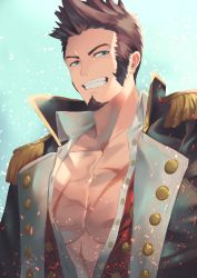 Rule 34 | 1boy, abs, beard, blue eyes, brown hair, epaulettes, facial hair, fate/grand order, fate (series), highres, junkbox, large pectorals, long sideburns, long sleeves, looking at viewer, male focus, military, military uniform, muscular, napoleon bonaparte (fate), open clothes, pectorals, scar, simple background, smile, solo, uniform, upper body