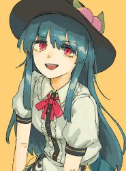 Rule 34 | 1girl, :d, black headwear, blue hair, bow, bowtie, center frills, frills, highres, hinanawi tenshi, long hair, looking at viewer, open mouth, orange background, peach hat ornament, red bow, red bowtie, red eyes, shirt, short sleeves, sidelocks, simple background, smile, solo, touhou, upper body, wasabisuke, white shirt