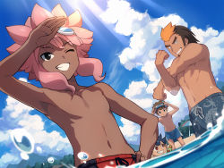 Rule 34 | 4boys, adjusting eyewear, arm up, armpits, asada hachi, bare pectorals, black eyes, blue hair, blue male swimwear, blue sky, blue swim trunks, brown hair, character request, check character, cloud, commentary, dark-skinned male, dark skin, day, diving mask, drawstring, dutch angle, facial hair, goatee, goggles, goggles on head, grey male swimwear, grey swim trunks, grin, highres, hijikata raiden, inazuma eleven, inazuma eleven (series), kogure yuuya, leaf print, lens flare, light rays, looking at viewer, male focus, male swimwear, marine day, multicolored hair, multiple boys, muscular, muscular male, navel, no nipples, one eye closed, orange hair, outdoors, palm tree print, partially submerged, pectorals, print male swimwear, print swim trunks, print swimsuit, red eyes, red male swimwear, red swim trunks, short hair, sideburns, sky, smile, snorkel, spiked hair, sunbeam, sunlight, swim trunks, swimsuit, tachimukai yuuki, teeth, toned, toned male, tsunami jousuke, twitter username, two-tone hair, very dark skin, wading, water, water drop, watermark