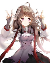 Rule 34 | 1girl, absurdres, ahoge, animal ears, arknights, bandages, bandaged arm, bandages, breasts, brown hair, earmuffs, eyjafjalla (arknights), gas mask, hands up, highres, horns, index fingers raised, long hair, long sleeves, looking at viewer, mask, parted lips, pink eyes, sheep ears, sheep horns, shirt, shovelwell, simple background, small breasts, solo, undershirt, upper body, white background, white shirt