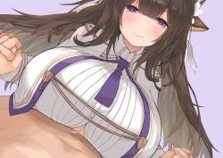 Rule 34 | 1boy, 1girl, absurdres, animal ears, azur lane, blush, breasts, brown hair, clothed female nude male, commentary request, cow ears, cum, cum on body, cum on breasts, cum on upper body, dutch angle, flower, grey background, hair flower, hair ornament, hetero, highres, holding hands, huge breasts, interlocked fingers, kashino (azur lane), long hair, looking at viewer, mikasayaki, necktie, nude, paizuri, paizuri under clothes, purple eyes, simple background, solo