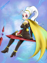 Rule 34 | 1girl, breasts, cape, crossover, dragon ball, earrings, face tattoo, fairy tail, flatpancakesjim, hair ornament, high heels, highres, jewelry, long hair, looking at viewer, looking back, mirajane strauss, potara earrings, putine (dragon ball), sideboob, simple background, sitting, skirt, tattoo, tattoo on face, tattoo on legs, white hair