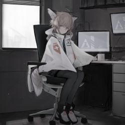 Rule 34 | 1girl, absurdres, ahoge, animal ears, arknights, black pantyhose, blue eyes, blue shirt, brown hair, chair, computer, cup, desk, fox ears, fox tail, full body, grey theme, highres, holding, holding cup, id card, indoors, jacket, looking at viewer, monitor, mug, office chair, open clothes, open jacket, pantyhose, rhodes island logo (arknights), shirt, short hair, sitting, solo, sussurro (arknights), swivel chair, tail, tou toutou, white jacket, window