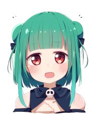 Rule 34 | 1girl, :d, bare shoulders, black bow, blush, bow, commentary request, cropped torso, double bun, fang, green hair, hair bow, hair bun, hand up, highres, hololive, okota mikan, open mouth, red eyes, sidelocks, simple background, skull, smile, solo, upper body, uruha rushia, uruha rushia (1st costume), virtual youtuber, white background