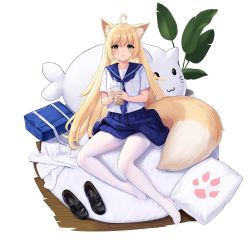 Rule 34 | 1girl, absurdres, ahoge, allenes, animal ear fluff, animal ears, bag, black footwear, blonde hair, blue neckerchief, blue sailor collar, blue skirt, blush, bubble tea, commentary request, cup, disposable cup, drinking straw, unworn footwear, fox ears, fox girl, fox tail, full body, green eyes, hair between eyes, highres, holding, holding cup, huge filesize, unworn legwear, loafers, long hair, looking at viewer, neckerchief, original, pantyhose, parted lips, paw print, pillow, plant, pleated skirt, pocket, potted plant, sailor collar, school bag, school uniform, serafuku, shirt, shoes, unworn shoes, short sleeves, simple background, sitting, skirt, solo, tail, thighband pantyhose, transparent background, very long hair, white background, white pantyhose, white shirt, wooden floor