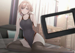 Rule 34 | 1girl, aga marino, bedroom, black one-piece swimsuit, black thighhighs, blurry, brown hair, camcorder, closed mouth, collarbone, commentary request, competition swimsuit, covered navel, curtains, depth of field, drawer, flat chest, full body, hair ornament, hairclip, higuchi madoka, idolmaster, idolmaster shiny colors, indoors, looking at viewer, mole, mole under eye, one-piece swimsuit, purple eyes, short hair, sitting, solo, swimsuit, thighhighs, video camera, yokozuwari