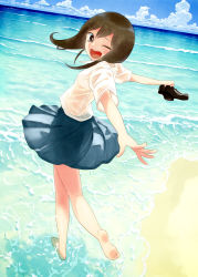Rule 34 | 1girl, :d, barefoot, beach, blush, brown eyes, brown hair, circle skirt, feet, full body, holding, holding shoes, looking back, mizu asato, ocean, one eye closed, open mouth, original, outstretched arms, shoes, skirt, smile, solo, spread arms, wading, water, wink