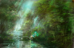 Rule 34 | 1girl, bare legs, barefoot, blue hair, bow, cirno, female focus, forest, hair bow, highres, lm7 (op-center), nature, outdoors, plant, river, scenery, short hair, sitting, solo, touhou, water