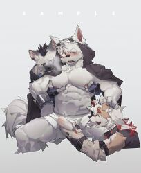 Rule 34 | 3boys, abs, animal ears, arknights, bara, blush, chinese commentary, colored tips, commentary request, condensation, dog boy, dog ears, dog tail, drooling, furry, furry male, hand on another&#039;s head, hands on another&#039;s chest, highres, horns, hung (arknights), hyena boy, hyena ears, komainu boy, komainu ears, looking at penis, male focus, multicolored hair, multiple boys, muscular, muscular male, nipple stimulation, nipple tweak, original, pants, pectorals, profile, rainy011220, scar, scar across eye, single horn, spot (arknights), tail, topless male, white pants