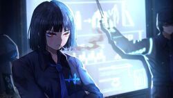 Rule 34 | 1boy, 1girl, black hair, black pants, black shirt, blue necktie, bob cut, cigarette, collared shirt, crossed arms, game cg, highres, limbus company, nai ga, necktie, official art, pants, project moon, red eyes, ryoshu (project moon), shirt, short hair, smoke, smoking, standing, wing collar, yi sang (project moon)