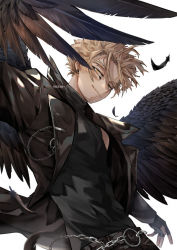 Rule 34 | 1boy, alternate costume, alternate wings, artist name, belt, black feathers, black gloves, black jacket, black shirt, black wings, blonde hair, boku no hero academia, chain, chain belt, closed mouth, commentary, earrings, facial hair, facial mark, feathered wings, feathers, fingerless gloves, gloves, hawks (boku no hero academia), jacket, jewelry, kadeart, light smile, long sleeves, male focus, o-ring, paid reward available, paid reward available, shirt, short hair, sleeveless, sleeveless shirt, solo, stubble, symbol-only commentary, turtleneck, upper body, white background, wings, yellow eyes