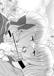 Rule 34 | 2girls, assault lily, blunt bangs, blush, bow, bowtie, collar, commentary, doily, double bun, eye contact, face-to-face, floral background, flower, french kiss, frilled sleeves, frills, from side, gradient background, grey background, greyscale, hair bow, hair bun, hand up, highres, holding, holding leash, jacket, kanba girls high school uniform, kikikaikai (kikikaikai chan), kiss, leash, lily (flower), long hair, long sleeves, looking at another, low twintails, medium hair, monochrome, multiple girls, open clothes, open jacket, open mouth, portrait, profile, sadamori himeka, sailor collar, school uniform, serafuku, shirt, speech bubble, tanba akari, tongue, tongue out, translation request, twintails, white background, yuri
