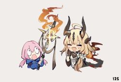 Rule 34 | 2girls, :d, ahoge, arknights, black bodysuit, black gloves, blonde hair, blue jacket, blue poison (arknights), bodysuit, chibi, dragon girl, dragon horns, dragon tail, dress, fire, flame-tipped tail, flower, gloves, hair flower, hair ornament, hand up, holding, holding staff, horns, jacket, laughing, long hair, long sleeves, low twintails, multiple girls, numbered, official alternate costume, open mouth, pink hair, rectangular mouth, reed (arknights), reed the flame shadow (arknights), ruri (dailybloopy), screaming, simple background, smile, staff, tail, twintails, very long hair, white background, white dress, white flower, wide-eyed