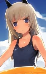 Rule 34 | 1girl, animal ears, bare shoulders, blonde hair, blue eyes, cloud, covered erect nipples, day, flat chest, frown, helma lennartz, innertube, long hair, one-piece swimsuit, shimada fumikane, solo, strike witches, strike witches: suomus misfits squadron, swim ring, swimsuit, wet, world witches series