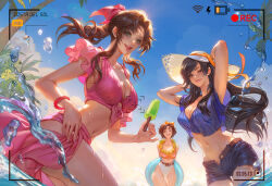Rule 34 | 3girls, aerith gainsborough, aerith gainsborough (pink mermaid), arms behind head, bikini, black hair, black shorts, blue shirt, braid, braided ponytail, breasts, brown hair, closed mouth, crop top, detached sleeves, fan yang (jiuge), final fantasy, final fantasy vii, final fantasy vii rebirth, final fantasy vii remake, flower, flower necklace, food, frilled sleeves, frills, green eyes, hair ribbon, hairband, hat, holding, holding clothes, holding food, holding hat, holding ice cream, holding swim ring, ice cream, innertube, jewelry, large breasts, lei, long hair, looking at viewer, medium breasts, midriff, multiple girls, navel, necklace, official alternate costume, one eye closed, open fly, open mouth, orange hairband, orange shirt, outdoors, palm tree, parted bangs, parted lips, partially submerged, pink bikini, pink bracelet, pink ribbon, ribbon, shirt, short hair, short shorts, short sleeves, shorts, sidelocks, single braid, smile, straw hat, striped clothes, striped shirt, sun hat, swept bangs, swim ring, swimsuit, thigh gap, tifa lockhart, tifa lockhart (majestic glamour), tree, two-tone bikini, viewfinder, water, water drop, wet, white bikini, yuffie kisaragi, yuffie kisaragi (summer orange)