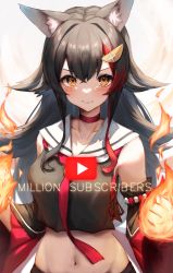 Rule 34 | 1girl, :3, absurdres, animal ear fluff, animal ears, black hair, black shirt, blush, brown eyes, choker, closed mouth, commentary, crop top, detached sleeves, fire, hair between eyes, hair ornament, highres, hololive, inre kemomimi, long hair, long sleeves, looking at viewer, midriff, milestone celebration, multicolored hair, navel, neckerchief, ookami mio, ookami mio (1st costume), red choker, red hair, sailor collar, shirt, simple background, sleeveless, smile, solo, streaked hair, upper body, virtual youtuber, white background, white sailor collar, wolf ears, wolf girl
