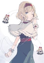 Rule 34 | 1girl, alice margatroid, apron, belt, black eyes, black footwear, blonde hair, blue dress, blue eyes, bow, cape, closed eyes, closed mouth, doll, dress, flying, from behind, hairband, hand up, highres, long hair, looking at viewer, looking to the side, mozukuzu (manukedori), one eye closed, red belt, red bow, red hairband, red neckwear, shadow, shanghai doll, shoes, short hair, short sleeves, simple background, solo, touhou, white apron, white background, white cape, white footwear, white sleeves, wrist cuffs