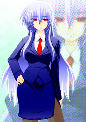 Rule 34 | 1girl, alternate costume, blue hair, contemporary, engo (aquawatery), female focus, formal, hand on own hip, hip focus, kamishirasawa keine, long hair, necktie, pantyhose, pencil skirt, red eyes, side slit, skirt, skirt suit, smile, suit, touhou, zoom layer