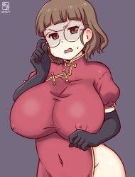 Rule 34 | 1girl, alternate costume, artist logo, black gloves, breasts, brown eyes, brown hair, china dress, chinese clothes, covered erect nipples, covered navel, cowboy shot, dress, elbow gloves, eyewear strap, glasses, gloves, grey background, groin, huge breasts, kanon (kurogane knights), kantai collection, one-hour drawing challenge, pince-nez, red dress, roma (kancolle), short hair, simple background, solo