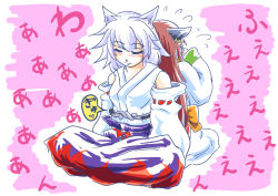 Rule 34 | 2girls, aged up, animal ears, back-to-back, cat ears, cat girl, chen, detached sleeves, earrings, face, female focus, fesserst, hugging tail, indian style, inubashiri momiji, jewelry, long hair, multiple girls, no headwear, pink background, single earring, sitting, tail, tail wrap, touhou, translation request