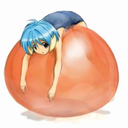 Rule 34 | 00s, 1girl, animal ears, bad id, bad pixiv id, ball, balloon, barefoot, blue hair, brown eyes, exercise ball, feet, galaxy angel, goat ears, mint blancmanche, nyama, one-piece swimsuit, school swimsuit, short hair, solo, swimsuit, toes, transparent