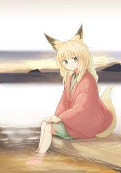 Rule 34 | 1girl, animal ears, barefoot, batta (kanzume quality), blonde hair, closed mouth, fox ears, fox girl, fox tail, fox wife (batta (kanzume quality)), from side, green eyes, haori, japanese clothes, legs together, long hair, looking at viewer, looking to the side, onsen, original, sitting, smile, soaking feet, solo, tail, water