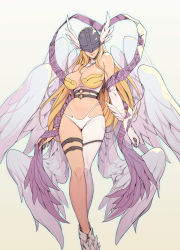 Rule 34 | 1girl, angel wings, angewomon, armor, asymmetrical clothes, aura, bare shoulders, blonde hair, boots, breastplate, breasts, cleavage, covered eyes, detached collar, digimon, digimon (creature), digimon adventure, elbow gloves, gloves, grey background, head wings, helmet, highres, large breasts, lips, long hair, multiple wings, navel, oda non, shawl, shiny skin, simple background, single glove, skindentation, smile, solo, thigh strap, white background, white gloves, white wings, wings, wrist wings, zipper