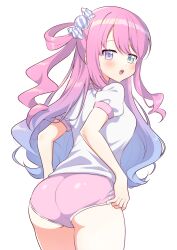 Rule 34 | 1girl, ass, blush, breasts, candy hair ornament, food-themed hair ornament, gradient hair, green eyes, hair ornament, heterochromia, highres, himemori luna, hololive, long hair, looking at viewer, medium breasts, multicolored hair, one side up, open mouth, pink hair, pink shorts, purple eyes, purple hair, shirt, short shorts, shorts, sideboob, solo, teeth, torinokawori, upper teeth only, virtual youtuber, wavy hair, white background, white shirt