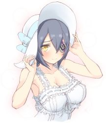 Rule 34 | 10s, 1girl, alternate costume, armpits, bad id, bad pixiv id, blue hair, blush, breasts, cleavage, dress, eyepatch, hands on headwear, hat, holding, holding hat, k do, kantai collection, large breasts, looking at viewer, personification, ribbon, short hair, solo, sun hat, sundress, tenryuu (kancolle), yellow eyes