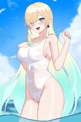Rule 34 | 1girl, 4kebidayo, absurdres, aizawa ema, blonde hair, blue eyes, blue hair, blue sky, blush, breasts, cat earrings, cloud, covered navel, gradient hair, green nails, hand on own chest, highleg, highleg swimsuit, highres, large breasts, long hair, looking at viewer, multicolored hair, ocean, one-piece swimsuit, open mouth, see-through, sideboob, sky, smile, solo, swimsuit, very long hair, virtual youtuber, vspo!, wading, water, wet, wet clothes, white hair, white one-piece swimsuit