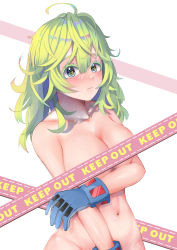 Rule 34 | 1girl, absurdres, ahoge, arm under breasts, blue eyes, blue gloves, blush, boku no hero academia, breasts, caution tape, colored eyelashes, convenient censoring, covered navel, expressionless, gloves, grabbing own arm, green hair, groin, hagakure tooru, hair between eyes, highres, keep out, kraben, long hair, looking at viewer, medium breasts, messy hair, multicolored eyes, navel, nude, solo, unusually visible, white background, yellow eyes