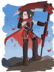 Rule 34 | 1girl, ahoge, ammunition belt, belt, belt buckle, black corset, black hair, blue sky, boots, bracer, brown belt, brown footwear, buckle, cape, closed mouth, colored tips, contrapposto, corset, crescent rose, fingerless gloves, full body, gloves, gradient hair, grey eyes, highres, holding, holding weapon, long sleeves, looking to the side, mountain, mountainous horizon, multicolored hair, outdoors, p6oosz, pantyhose, petals, pleated skirt, profile, red cape, red hair, red scarf, red skirt, rose petals, ruby rose, rwby, scarf, scythe, short hair, skirt, sky, solo, spiked hair, split, standing, strap, thigh boots, torn cape, torn clothes, two-tone hair, weapon
