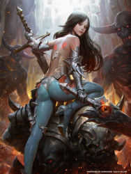 Rule 34 | 1girl, ankle boots, armor, ass, back, bare shoulders, black hair, boots, demon, dual wielding, gauntlets, high heel boots, high heels, holding, huge weapon, kilart, lips, long hair, looking back, nose, orange eyes, original, pants, planted, planted sword, planted weapon, resolution mismatch, skin tight, solo focus, source larger, sword, tattoo, weapon