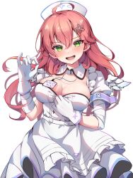 Rule 34 | 1girl, absurdres, ahoge, amane kanata, amane kanata (nurse), apron, armband, bandaged arm, bandages, blush, breasts, commentary request, detached collar, dress, flower brooch, gloves, green eyes, hair between eyes, hand up, hat, highres, hololive, large breasts, long hair, looking at viewer, lower teeth only, mini wings, nurse, nurse cap, open mouth, pink hair, puffy short sleeves, puffy sleeves, sakura miko, short sleeves, simple background, smile, solo, symbol-shaped pupils, teeth, tmo-cat, translation request, virtual youtuber, waist apron, white apron, white background, white dress, white gloves, white wings, wings, yen sign
