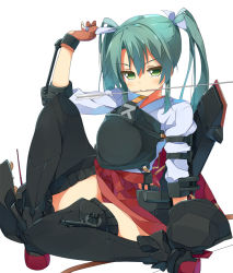 Rule 34 | 10s, 1girl, arrow (projectile), blush, boots, bow (weapon), gloves, green eyes, green hair, hair ribbon, high heel boots, high heels, japanese clothes, kaisen chuui, kantai collection, long hair, looking at viewer, matching hair/eyes, mouth hold, muneate, partially fingerless gloves, partly fingerless gloves, ribbon, simple background, single glove, skirt, solo, thigh boots, thighhighs, twintails, weapon, white background, yugake, zettai ryouiki, zuikaku (kancolle)