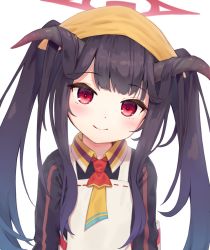 Rule 34 | 1girl, apron, black hair, blue archive, blush, commentary request, fuuka (blue archive), halo, highres, horns, long hair, looking at viewer, oris at, orisu atto, portrait, red eyes, school uniform, simple background, smile, solo, white background