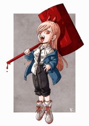 Rule 34 | 1girl, black necktie, black pants, blue jacket, chainsaw man, hammer, highres, holding, holding hammer, holding weapon, horns, jacket, kakeru (dbskakeru), long hair, looking at viewer, necktie, open clothes, open jacket, open mouth, pants, pink hair, power (chainsaw man), sharp teeth, shirt, shoes, simple background, solo, symbol-shaped pupils, teeth, tongue, tongue out, toriyama akira (style), upper teeth only, weapon, white footwear, white shirt