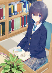 Rule 34 | 1girl, black hair, blazer, blue jacket, blue necktie, book, bookmark, bookshelf, chair, checkered floor, closed mouth, collared shirt, commentary request, cover, cover page, grey skirt, hair between eyes, indoors, jacket, kavka, long sleeves, looking at viewer, necktie, novel cover, on chair, open book, original, plaid, plaid necktie, plaid neckwear, plaid skirt, plant, pleated skirt, potted plant, purple eyes, school uniform, shirt, sitting, skirt, smile, solo, sweater vest, table, white shirt