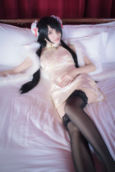 Rule 34 | 1girl, artist request, asian, bare shoulders, bed, bedroom, black hair, black thighhighs, bun cover, china dress, chinese clothes, color contacts, cosplay, date a live, double bun, dress, feather boa, feet out of frame, hair bun, hair over one eye, halter dress, halterneck, indoors, knee up, lace, lace-trimmed legwear, lace trim, long hair, looking at viewer, makeup, mascara, on bed, parted lips, photo (medium), pillow, reclining, red eyes, short china dress, sitting, sleeveless, sleeveless dress, solo, thighhighs, tokisaki kurumi, tokisaki kurumi (cosplay), twintails, zettai ryouiki