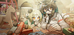 Rule 34 | + +, 2girls, :3, absurdres, arknights, bad hands, barefoot, black necktie, blonde hair, blue hair, blush, book, breasts, brown hair, chinese commentary, coat, colored inner hair, commentary request, demon horns, dress, family, family portrait, feather hair, glasses, green dress, high chair, highres, holding hands, horns, id card, ifrit (arknights), indoors, lab coat, lying, medium breasts, mixed-language commentary, multicolored hair, multiple girls, nail polish, necktie, no shoes, on stomach, orange eyes, orange nails, owl girl, own hands clasped, own hands together, qingfeng canying, reading, rhine lab logo, rocking horse, saria (arknights), silence (arknights), socks, stuffed animal, stuffed cow, stuffed dragon, stuffed toy, tic-tac-toe, toy, toy car, white coat, white legwear, aged down