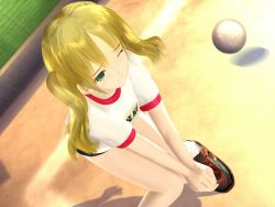 Rule 34 | 1girl, 3d, artist request, ball, blonde hair, buruma, character request, foot out of frame, from above, green eyes, gym shirt, gym uniform, name tag, one eye closed, outdoors, playing sports, shirt, short sleeves, solo, t-shirt, teatime, underwear, uniform, v arms, volleyball, volleyball (object), white shirt, wince