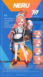 Rule 34 | 1girl, absurdres, ahoge, apron, blue archive, chain, character name, character sheet, english text, floral print, full body, gun, halo, highres, jacket, maid apron, maid headdress, mole, mole under eye, mx2j, neru (blue archive), official art, orange hair, pleated skirt, red eyes, shoes, sig sauer, sig mpx, skirt, sneakers, solo, submachine gun, weapon, delinquent