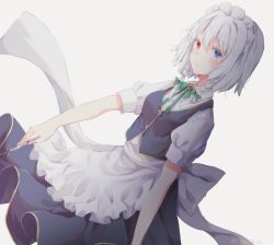 Rule 34 | 1girl, apron, bad id, bad pixiv id, blue eyes, blue skirt, blue vest, blush, bow, braid, brooch, green bow, green ribbon, grey background, hair bow, heterochromia, holding, holding knife, holding weapon, izayoi sakuya, jewelry, knife, looking at viewer, maid headdress, neck ribbon, puffy short sleeves, puffy sleeves, red eyes, ribbon, sash, shiromoru (yozakura rety), short hair, short sleeves, simple background, skirt, solo, touhou, twin braids, vest, waist apron, watermark, weapon, white bow, white hair
