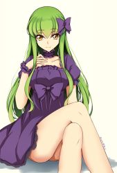 Rule 34 | 1girl, bow, c.c., choker, code geass, collarbone, cosplay request, crossed legs, dress, green hair, hair between eyes, hair bow, highres, long hair, looking at viewer, lucky keai, purple bow, purple dress, short dress, short sleeves, simple background, sitting, smile, solo, very long hair, white background, wrist cuffs, yellow eyes